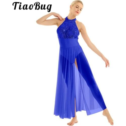 TiaoBug Women Shiny Sequins Ballet Tutu Leotard Mesh Long Dress Adult Ballroom Performance Contemporary Lyrical Dance Costumes
