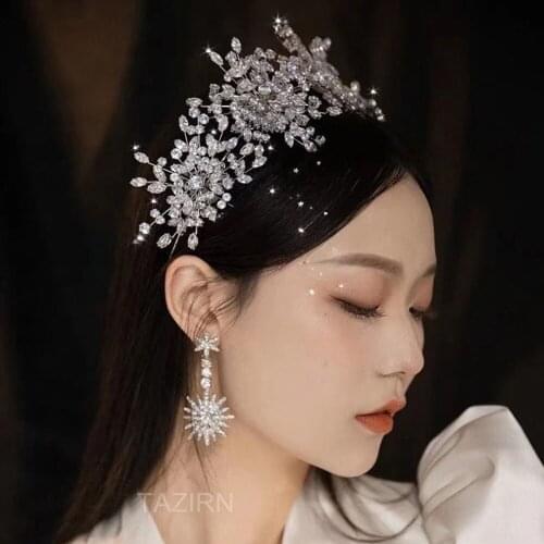 New Snow Cubic Zirconia Tiaras and Crowns Earrings Women Wedding Bride Headpieces Birthday Party CZ Pageant Headband