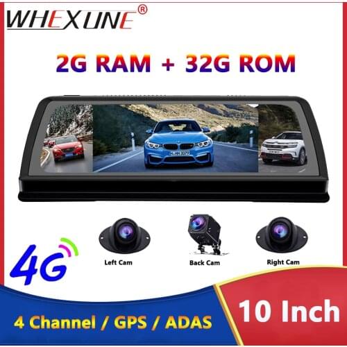WHEXUNE 2 RAM 32 ROM Dash Cam 1080P RearView Car Mirror 10" Android Center Console 4G Car DVR 360° Record 4 Cameras Car Mirror