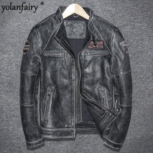 Vintage Genuine Leather Jacket Men Cow Leather Jacket Korean Motorcycle Slim Mens Leather Jacket Jaqueta De Couro 5680-1 YY999