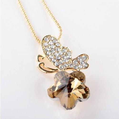 Vintage Women Crystal Long Sweater Chain Cherry Butterfly Design Rhinestones Pendant Necklace Jewelry Clothing Accessories