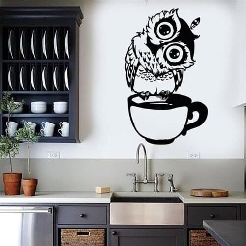 Funny Cartoon Owl Cup of Tea Coffee for Kitchen Stickers Home Decor Living Wall Sticker