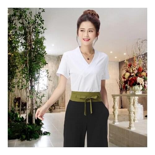Women Fashion Spa Hotel Beauty Salon Uniforms Manicurist Beautician Workwear Cross Neck Top Loose Leg Pants