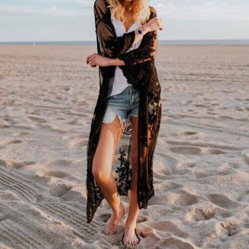 Womens Sunscreen Shirt Beach Vacation Long Loose Bikini Gauze Lace Shirt One Size