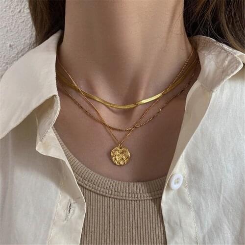 Boho Vintage Gold Flat Snake Chain Folded Coin Pendant Necklace For Women Fashion Multilevel Choker Venetian Chain Jewelry Gift