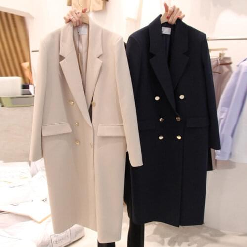 2021 Spring Fall Black Suit Jacket Womens Windbreaker Mid-Length Korean Style Loose Fashion Casual Double-Breasted Blazer y1474
