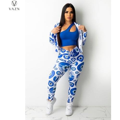 VAZN 2021 Spring Women New Street Casual Style Sets Long Sleeve Lapel Short Top Elastic Long Pants Printed Two Piece Sets