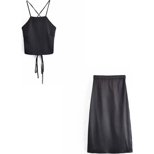 XEASY Women 2021 New Summer Two-Piece Set Vintage Satin Black Slim Tank Top Female Streetwear High Waist Split Skirt Set