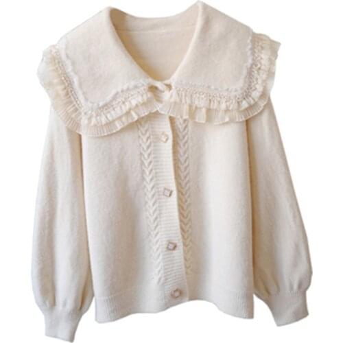 2020 Women Autumn Ruffles Lace Knit Cardigan Sweater Female Students Ruffle Turn Down Collar Single Breasted Sweater Coat