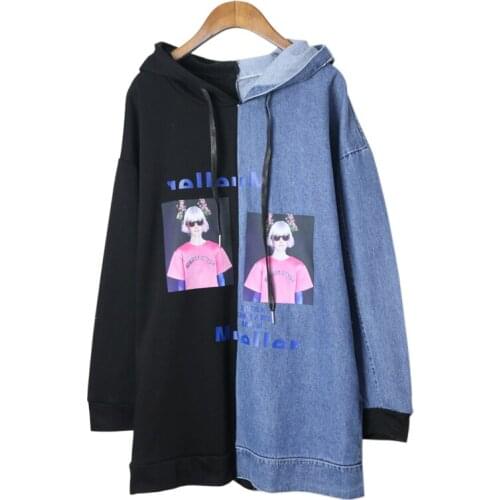 New 2018 Harajuku style Women spring Hoodie Sweatshirt Denim Patchwork Design Female loose Casual Hoodies Streetwear women tops