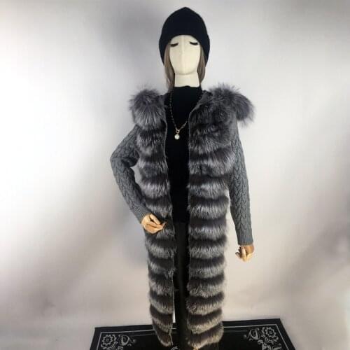 Real Fox Fur Knitted Sweater Cardigan Women Coat Winter Cardigan Sweater Solid Long Sleeve For Women Knitted Cardigan With Hood