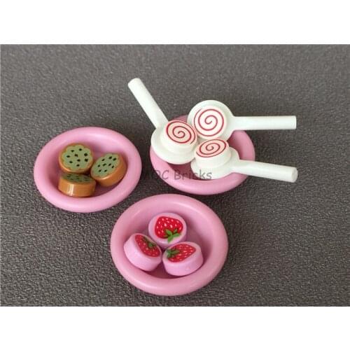 100pcs/lot MOC Bricks Tile, Round 1 x 1 with Strawberry ,Spiral Red,cookies Pattern Building Blocks DIY Toys children gift