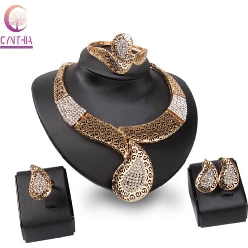African Beads Rhinestone Jewelry Sets Summer Style gold color Bridal Wedding Accessories Necklace Bangle Earrings Rings Set