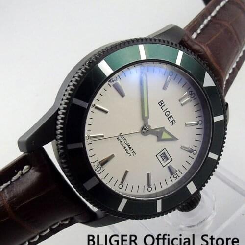 46MM BLIGER White Dial Green Rotating Bezel Luminous Hand Date Display PVD Case MIYOTA Automatic Movement Mens Wristwatch B133