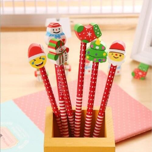 Kawaii New Arrival Cute 5pcs/lot Christmas HB Wood Pencil With Detachable Eraser Kids Gift Pens School Stationery