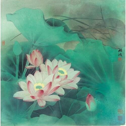 Chinese mint green lotus flower scenery oil painting canvas printings printed on canvas home wall art decoration picture