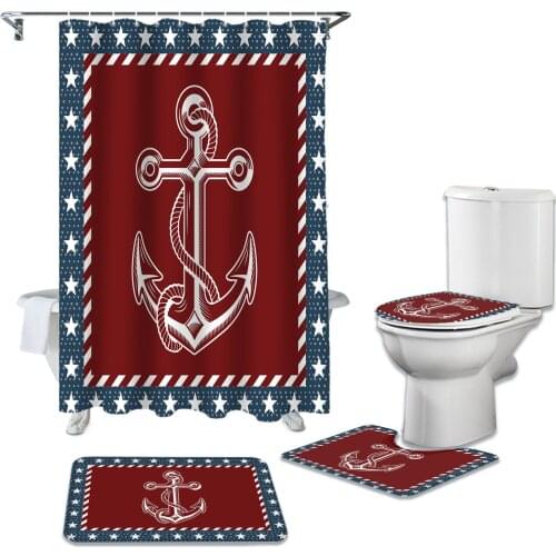 Flag Pentagram Anchor Shower Curtain Set Carpet Cover Toilet Cover Bath Mat Waterproof Bathroom Curtain Set