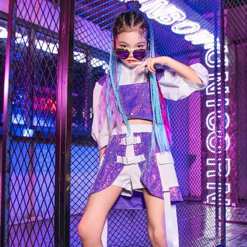 Girls Stage Costume Sequins Puff Sleeve Tops Shorts Set Catwalk Show Wear Jazz Hip Hop Dancing Performance Clothing YS2299