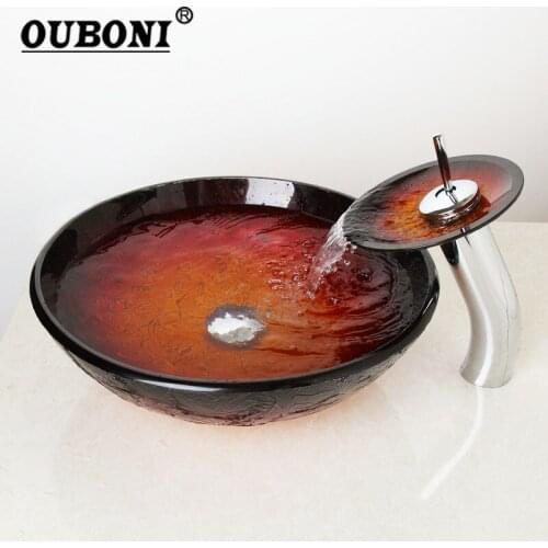 Red Basin Single Handles Tap+Bathroom Sink Washbasin Tempered Glass Lavatory Bath Sink Set Torneira Mixer Faucet 4607-1