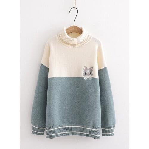 Cute Rabbit Embroidery Cute Womens Knitted Sweater Turtleneck Collar Pullovers Long Sleeve Fall,Winter Sweaters Cute Girls Fit