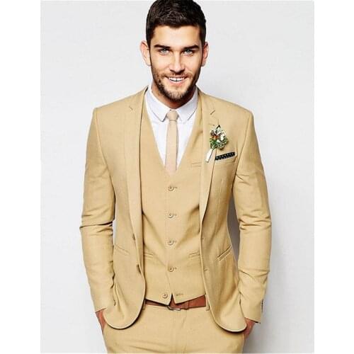 Fashionable Two Buttons Beige Groom Tuxedos Notch Lapel Groomsmen Men Blazers 3 pieces Suits (Jacket+Pants+Vest+Tie) NO:266