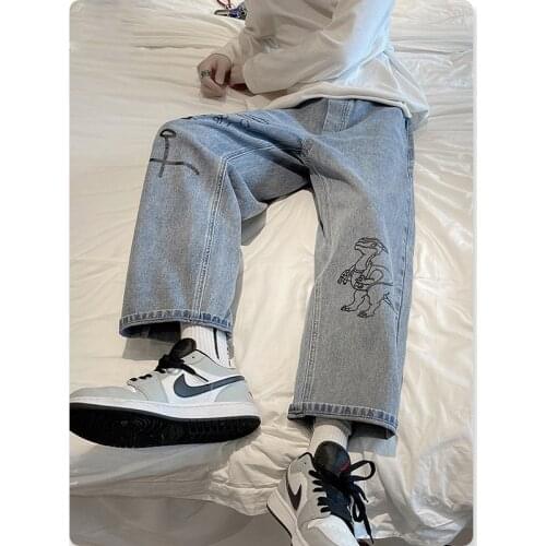 Fashion Mens Vintage Washed Jeans Hip Hop Dinosaur Printed Loose Fit Denim Pants Harajuku Urban Style Dad Jean Trousers Male