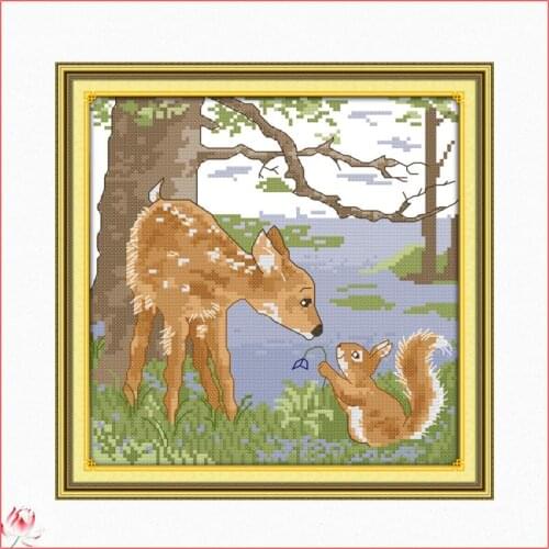 Joy Sunday A Deerlet And A Squirrel Cross Stitch Kit Pattern 14CT White 11CT Printed Embroidery Set DIY Home Decoration Painting