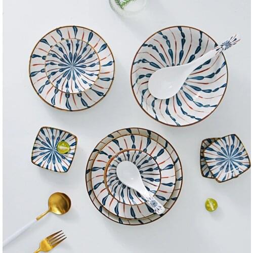 Ceramic Dishes Set Chinese Style Blue and White Porcelain Steak Disc Breakfast Disc Kitchen Double Handle Tableware Plate Suits