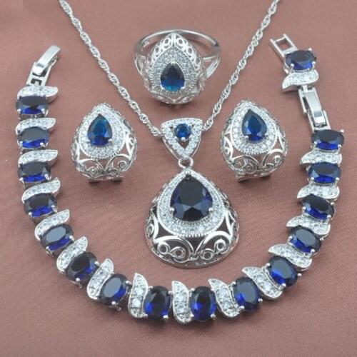 Unusual Blue Zirconia Silver Plated Jewelry Sets Womens Engagement jewelry Bracelet Necklace Pendant Earrings Ring YZ0211