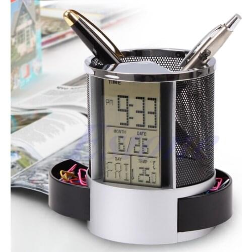 Digital LCD Desk ALarm Clock & Mesh Rulers Pen Pencil Holder Time Temp Calendar