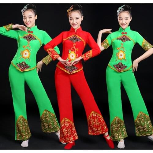 New Arrive Chinese Classical Dance Square Dance Clothing Yangko Dance Stage Performance Fan Dance Costumes Rose Red Green