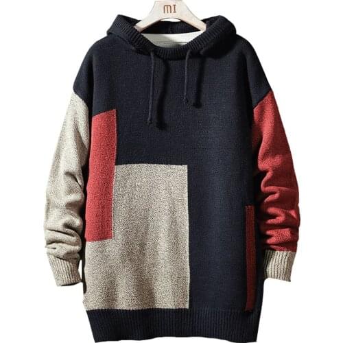 New Knitted Hooded Pullovers Men Patchwork Casual Sweater Mens Streetwear Fashion Hooded Sweaters Men Pullovers Plus Size M-5Xl
