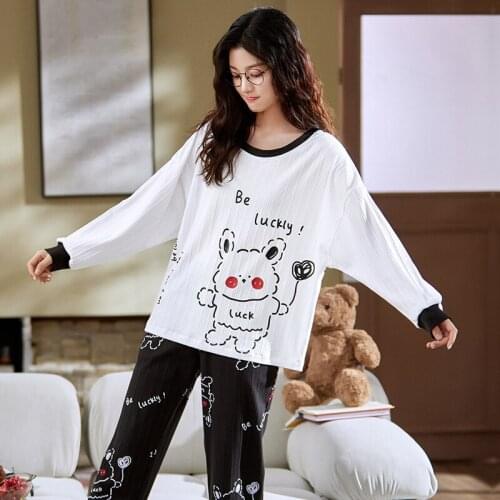 Autumn Winter Pajamas Set for Women Cotton Warm Long Sleeve Homewear Cartoon Cute Puppy Sleepwear Kawaii White Pullover Pajamas