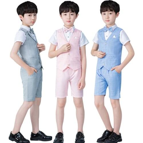 2021 Plaid Boys Summer Formal Suits Vest Shorts Children Wedding Suits Dress Kids School Outfits Teenager Boy Party Clothes