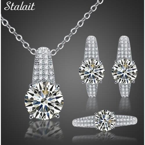 Silver Color Cubic Zirconia Jewellery Sets for Women Full Rhinestones Jewelry Necklace Earrings Finger Ring
