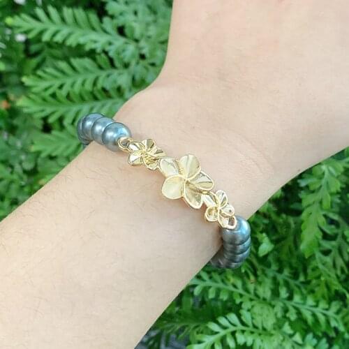 SAY HELLO Hawaiian Pearl Beads Arm Bracelet Flower Shape Elastic Rope Adjutable Bangle Bijoux for Women Jewelry Kid Adult GJZ439