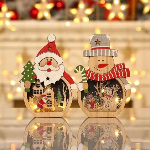 LED Christmas Glowing Table Ornaments Wooden Santa Claus Figurine Xmas Luminous Home Art Gift Cartoon Figurines Decorations