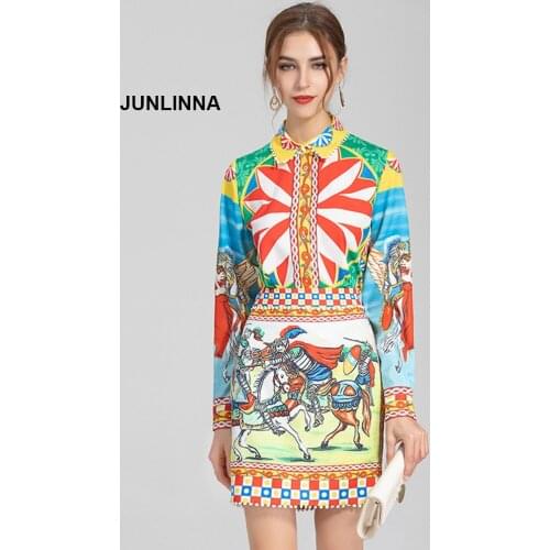 2021 Designer Autumn Skirt Sets Womens Long sleeve Single-breasted Shirts+warrior print Retro Skirts 2 Pieces Suit