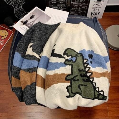 Women printed sweater autumn and winter college style youth girl sweater jacket dinosaur print round neck pullover loose sweater