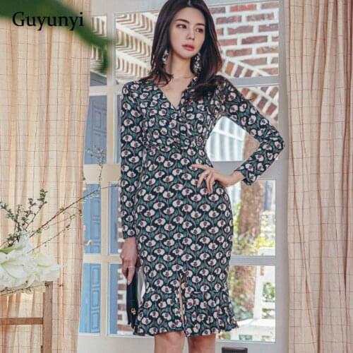 Flowers Elegant Office Lady Dress 2020 Autumn V-Neck Long Sleeve High Waist Tight Ruffle Hem Temperament Party Dress Women