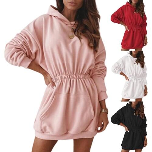 Women Casual Winter Solid Color Pullover Dress Long Sleeve Hoodie Sweatshirt Women Solid Color Oversized Hoodie Hooded Velvet