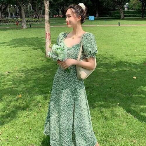 A-line Loose Vestidos Elegant Puff Sleeve Dress Women Short Sleeve Simple Temperament Office Lady Dress Retro Floral V-neck