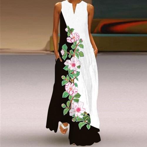 Vintage Women Maxi Dresses Sleeveless Floral Patchwork Print V-neck Beach Dress Pocket Summer Party Long Dress Vestido De Mujer