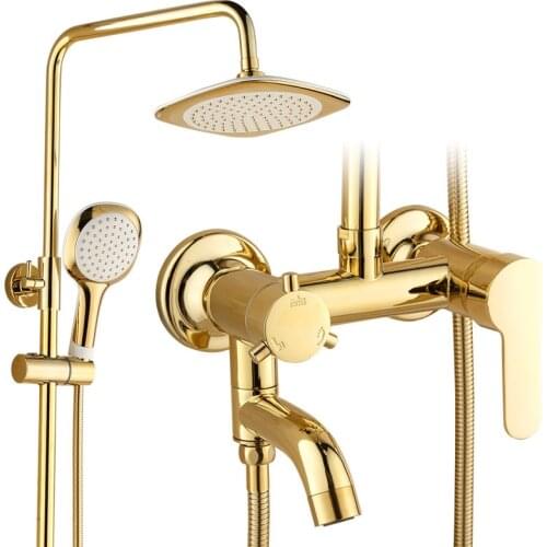 Bathroom Gold Shower Faucets Copper Shower Mixer Tap Faucet Set Rain Shower Head Round Wall Mounted Bathtub Faucet Hand Shower