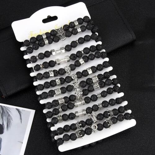 12pcs/set Punk Black Natural Stone Beads Bracelet Skeleton Crown Owl Charm Bracelets for Women Men Elastic Rope Bracelet Set