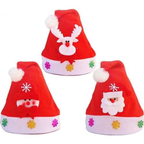 120pcs Non Woven Kids Christmas Hat With Led Light Cartoon Applique Santa Deer Snow Pattern Hats Christmas Supplies ZA4853