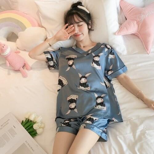 2021 Summer Short Sleeve V-neck Silk Satin Shorts Pajama Set for Women Cute Cartoon Sleepwear Suit Homewear Pijama Mujer Clothes