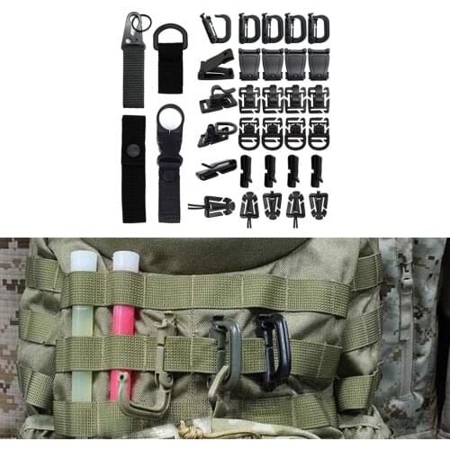 34Pcs Tactical Gear Clip Buckle Strap D-ring Hooks Keychain Strap for Molle Backpack Webbing Attachments Outdoor Tools