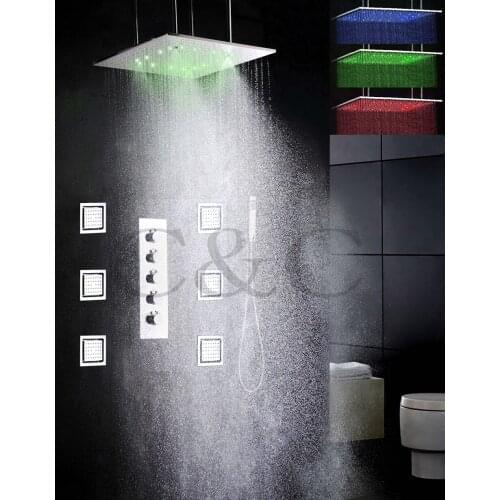 Bathroom Large Water Flow Atomizing And Rainfall Shower Faucet Set 20 Inch Temperature Sensitive LED Shower Head
