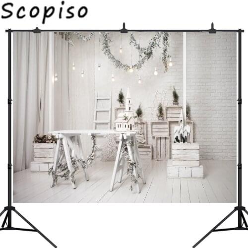 Scopiso Merry Christmas Photography Background Xmas Tree Wooden box Vintage Brick Wall Light bulb Decor Photo Studio Backdrop